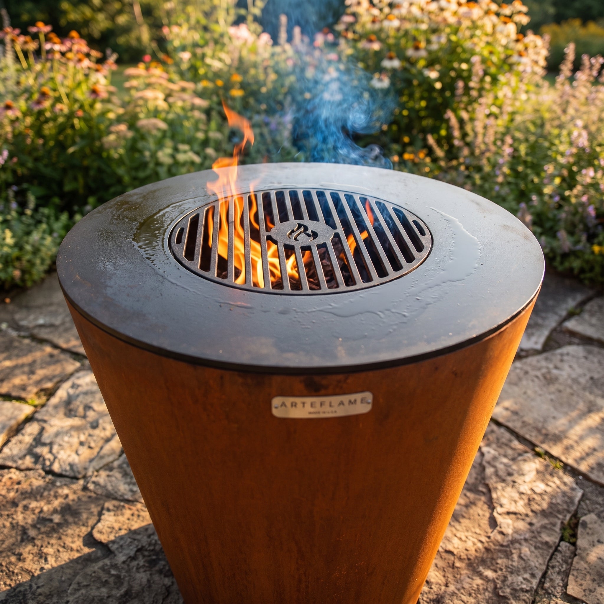 Arteflame ONE30 corten steel grill lit and ready, wood fire glowing through the center grill grate with its ARTEFLAME logo disc, on a garden patio at golden hour